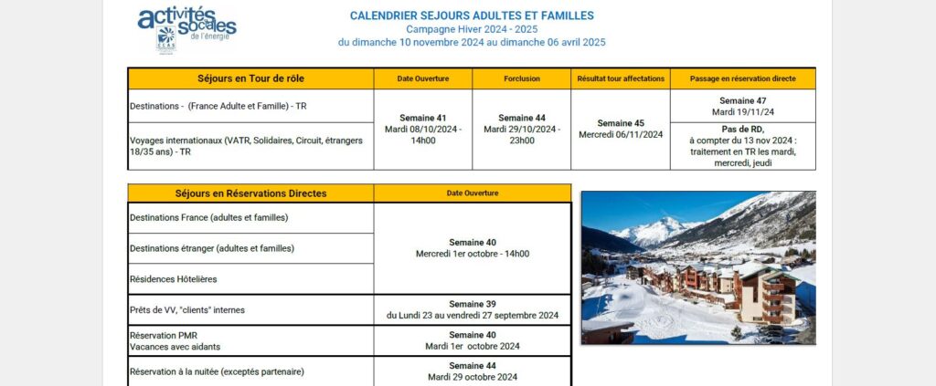 Calendrier des Séjours  Hiver 2024